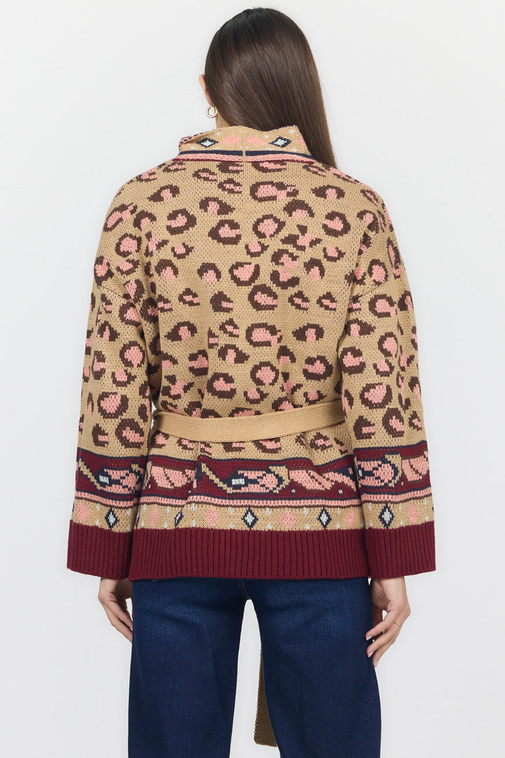 INES LONG SLEEVE SWEATER LEOPARD INTARSIA BURGUNDY