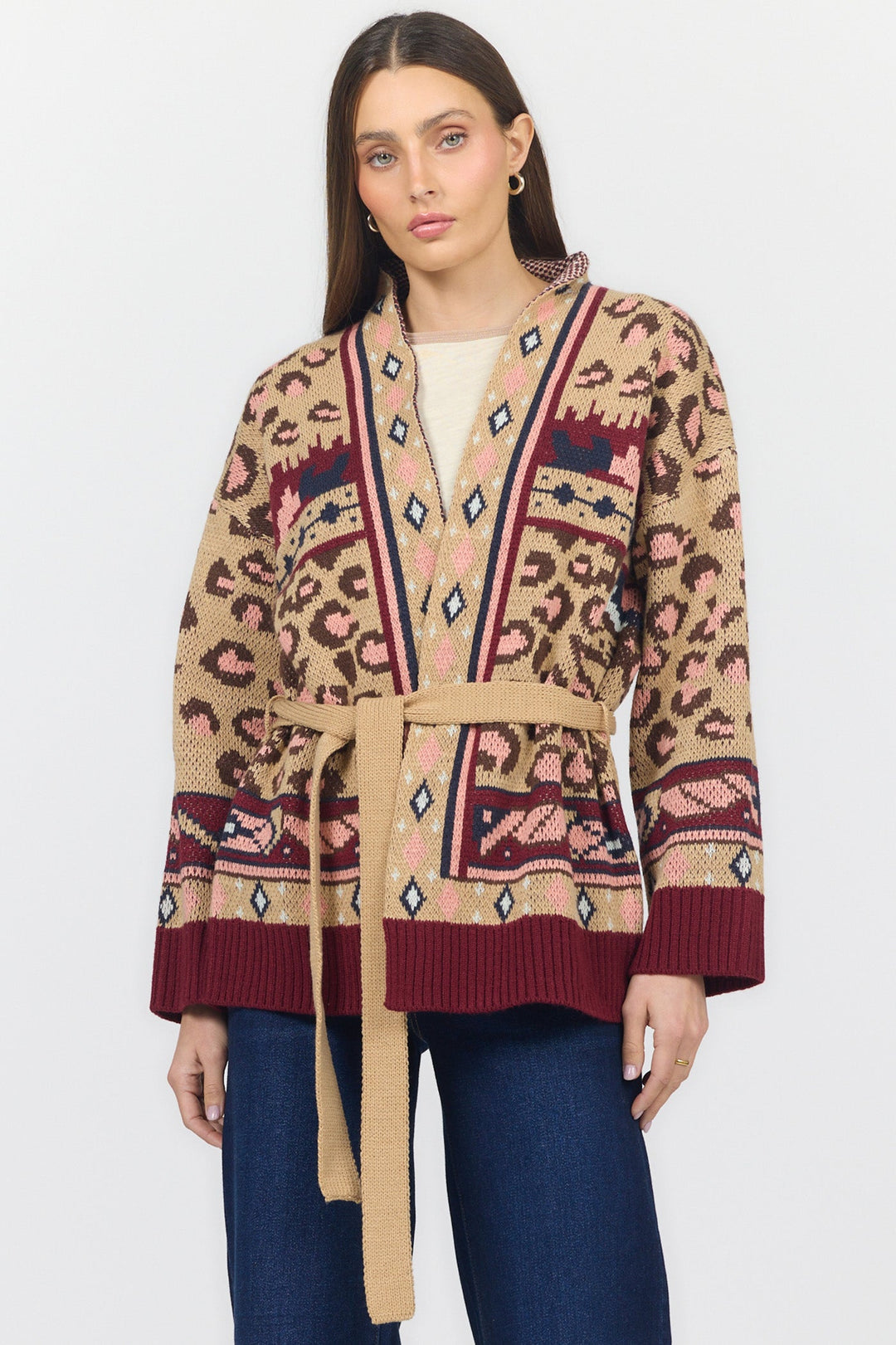 INES LONG SLEEVE SWEATER LEOPARD INTARSIA BURGUNDY