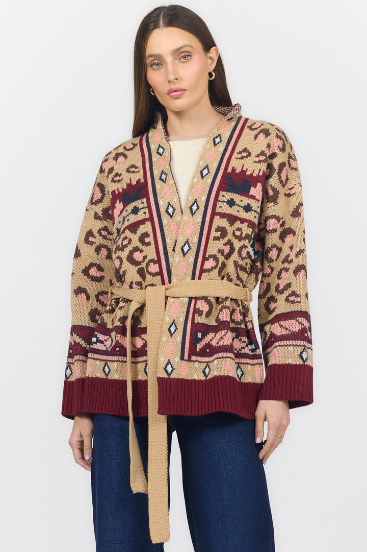 INES LONG SLEEVE SWEATER LEOPARD INTARSIA BURGUNDY