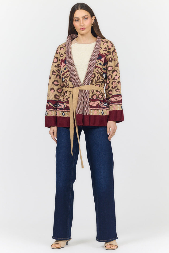 INES LONG SLEEVE SWEATER LEOPARD INTARSIA BURGUNDY