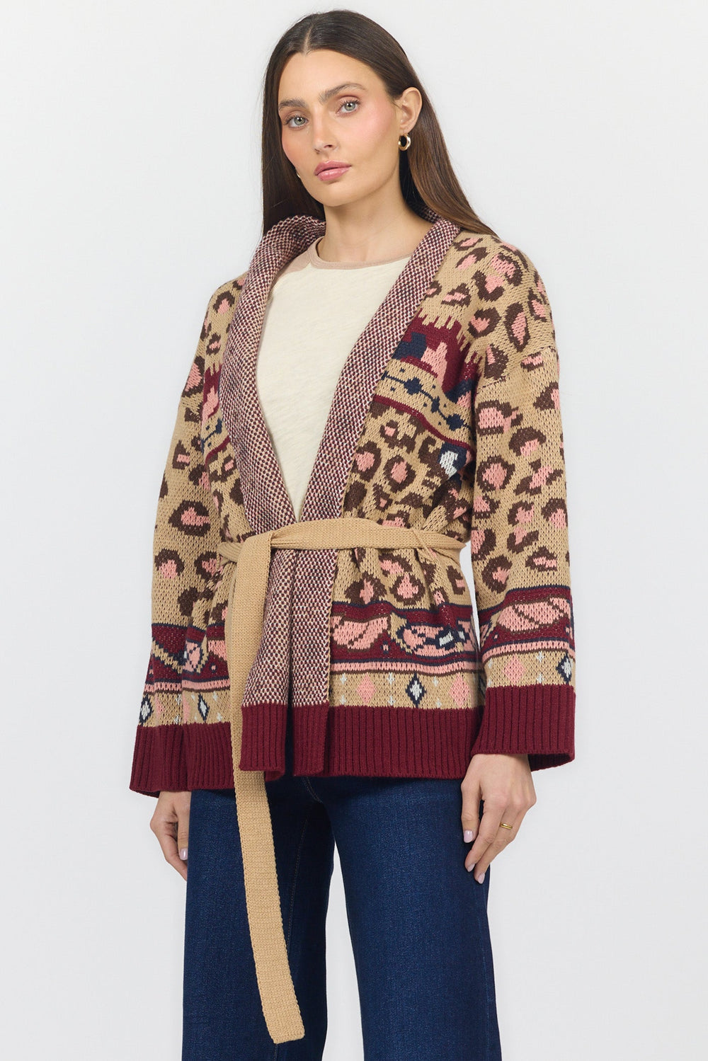 INES LONG SLEEVE SWEATER LEOPARD INTARSIA BURGUNDY