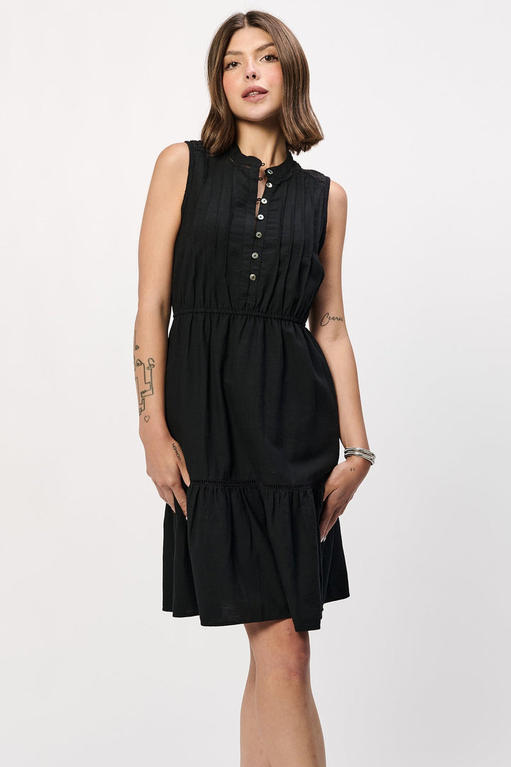 PRISHA SLEEVELESS PINTUCK DETAIL MINI DRESS BLACK