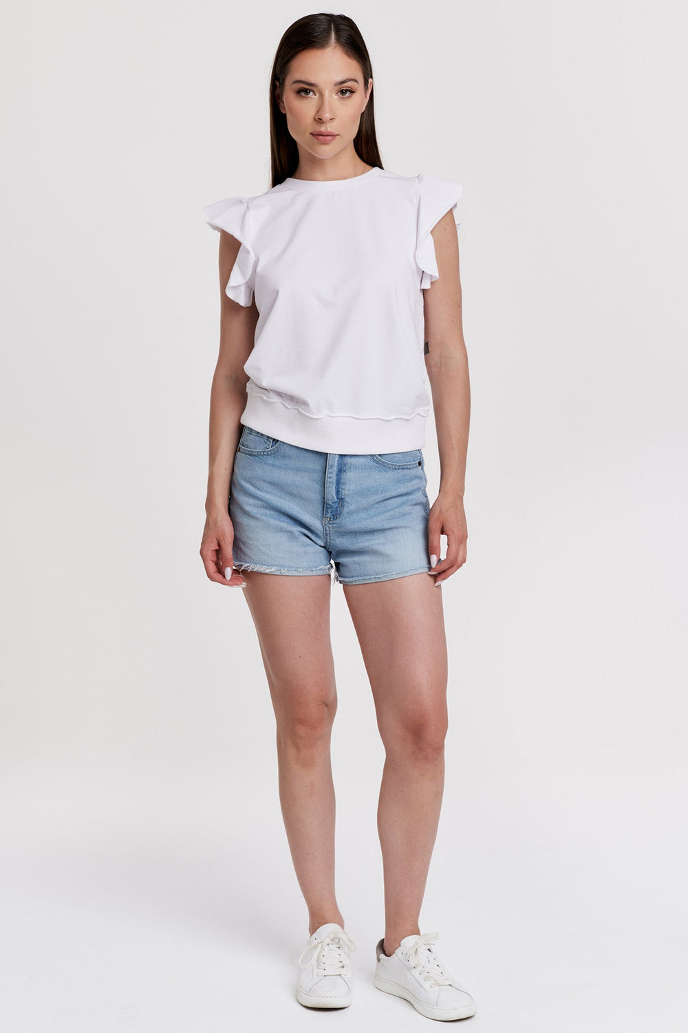 LAYLA RAW EDGE RUFFLE SLEEVELESS TOP WHITE