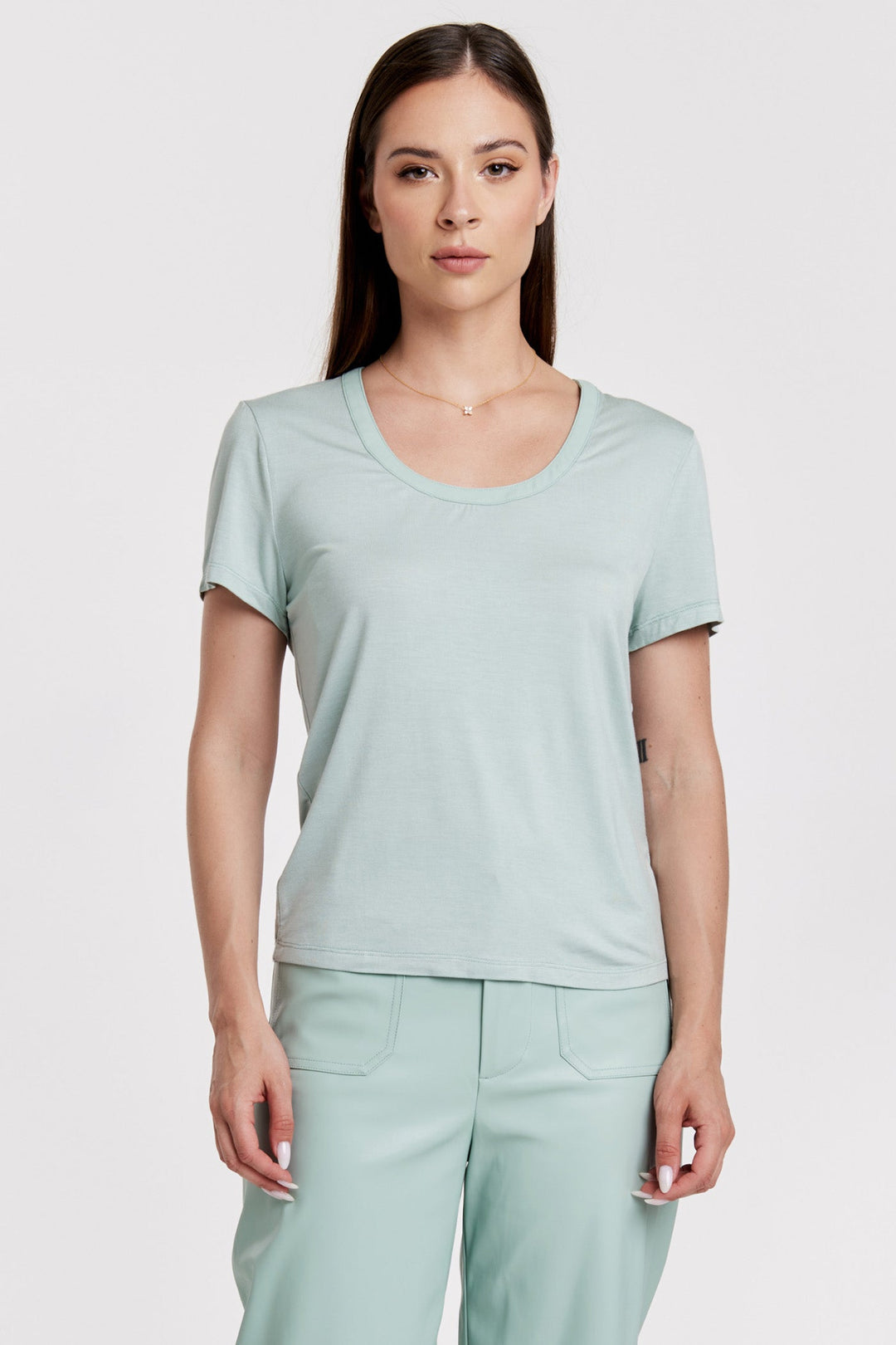 MIRANDA SCOOP NECK TOP W/PLEATHER BAND AQUAMARINE
