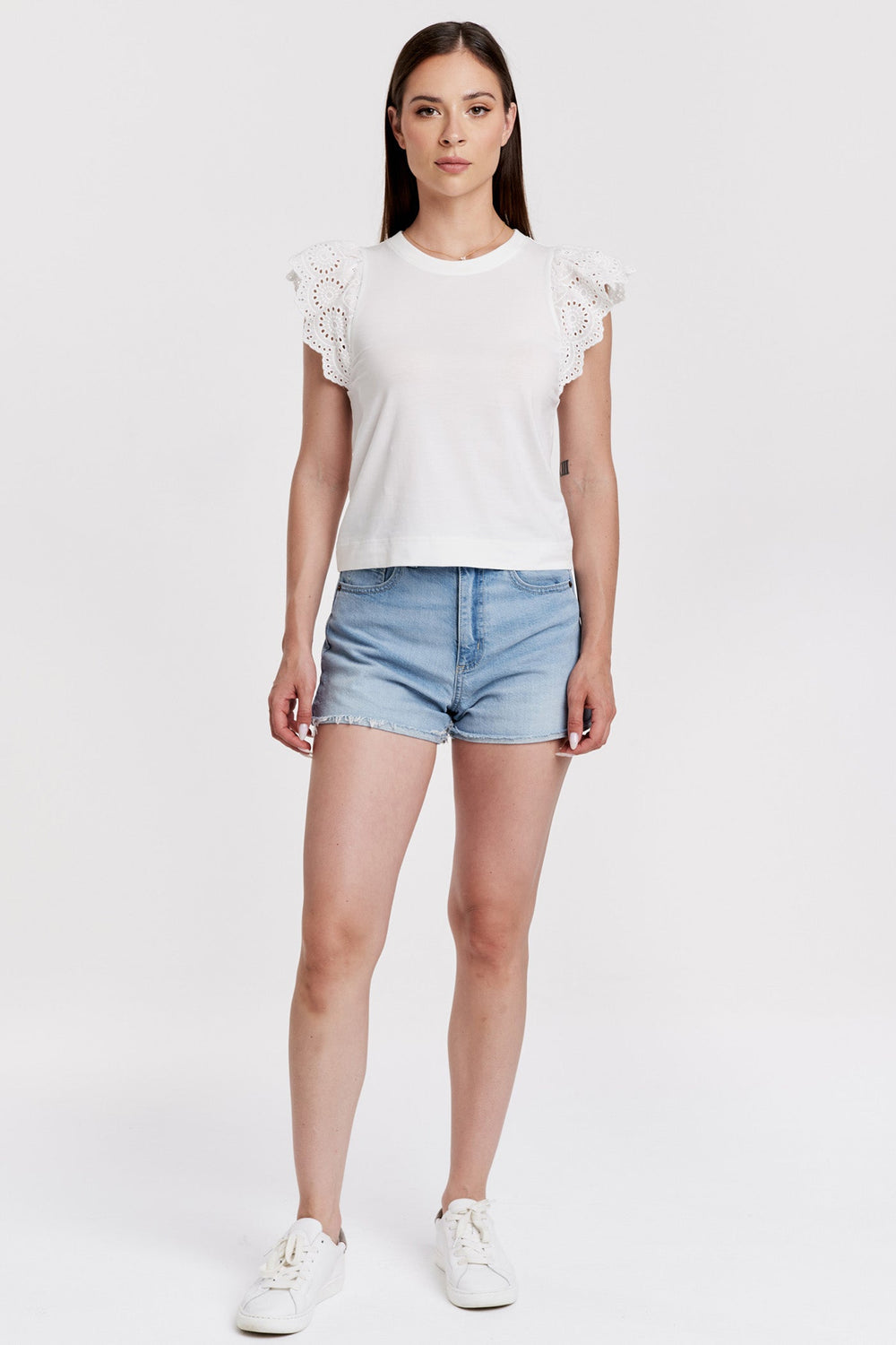 KIARA EYELET RUFFLE SLEEVE TOP WHITE