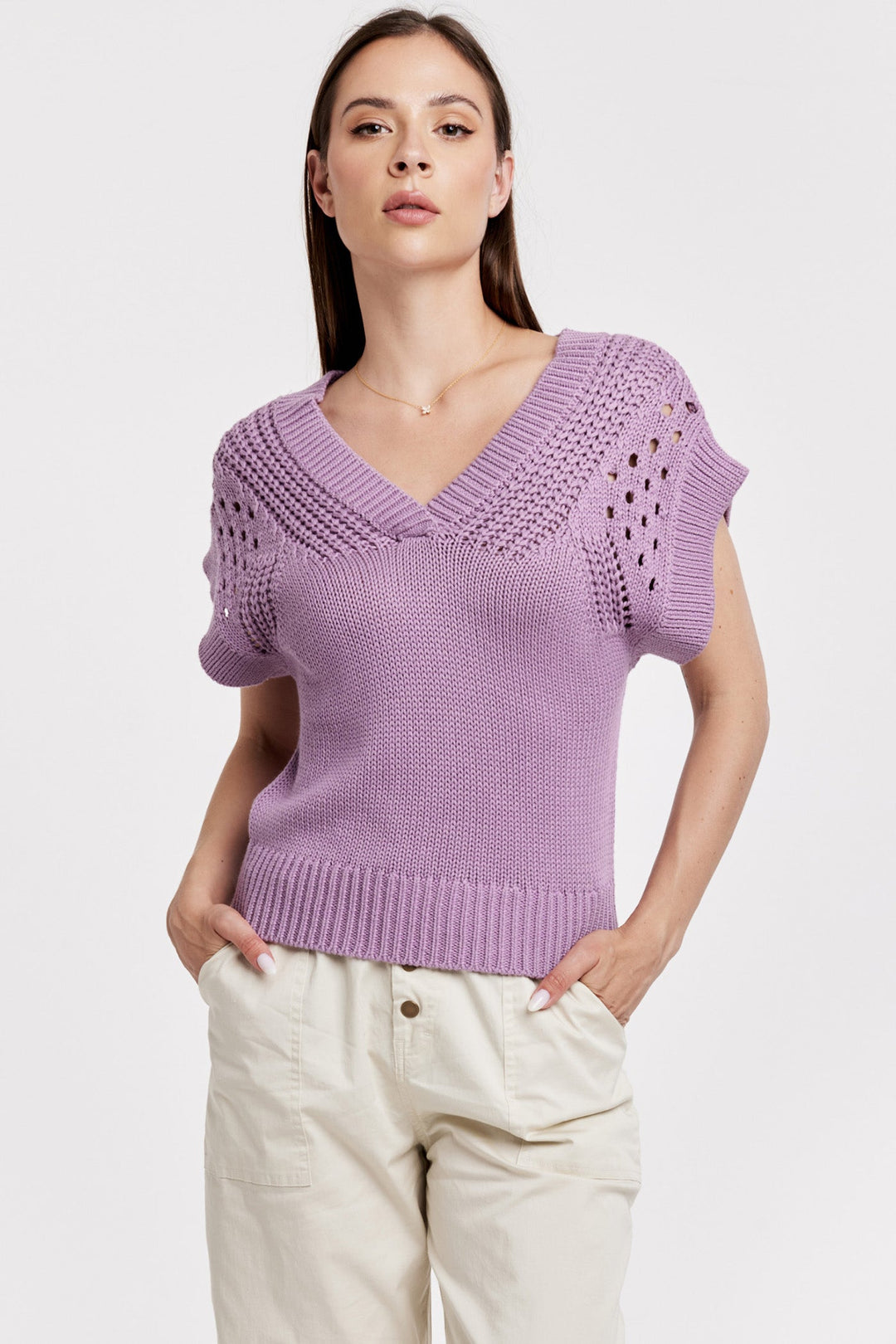 RENATA CROCHET DETAIL SWEATER VEST DEWY IRIS