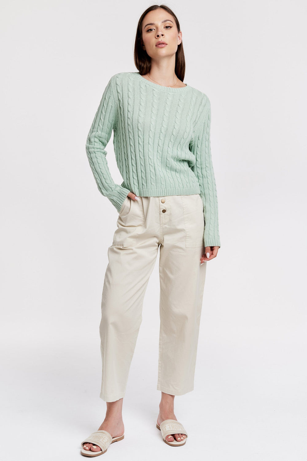LUPE CABLE KNIT LONG SLEEVE TOP AQUAMARINE