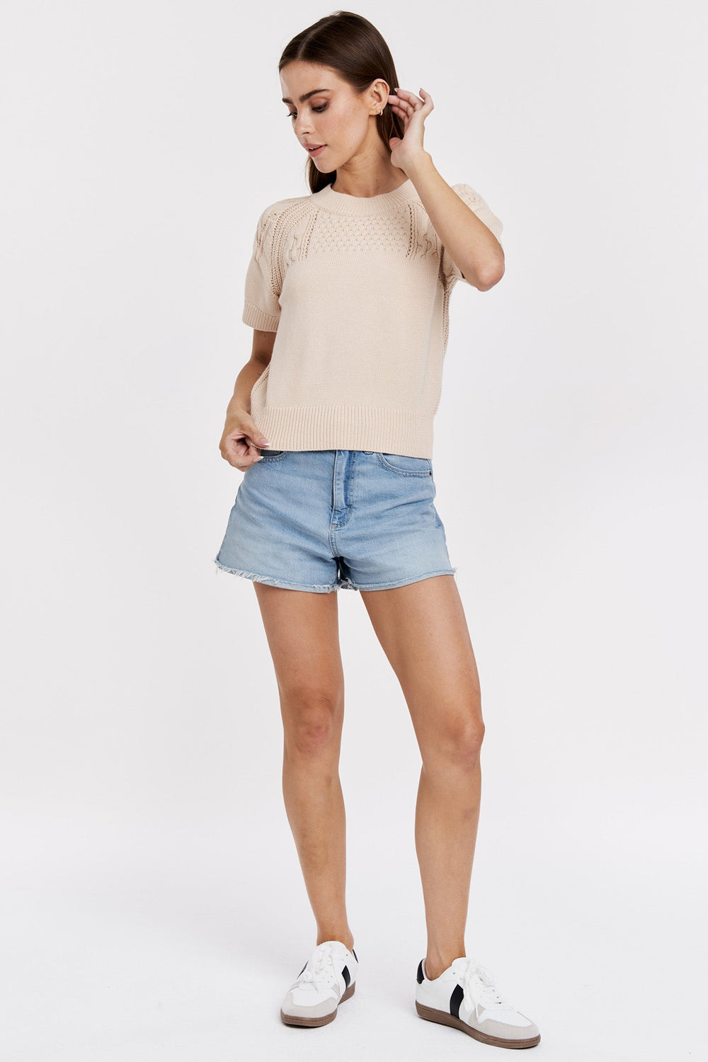ELSIE SHORT SLEEVE CROCHET DETAILS TOP ALABASTER