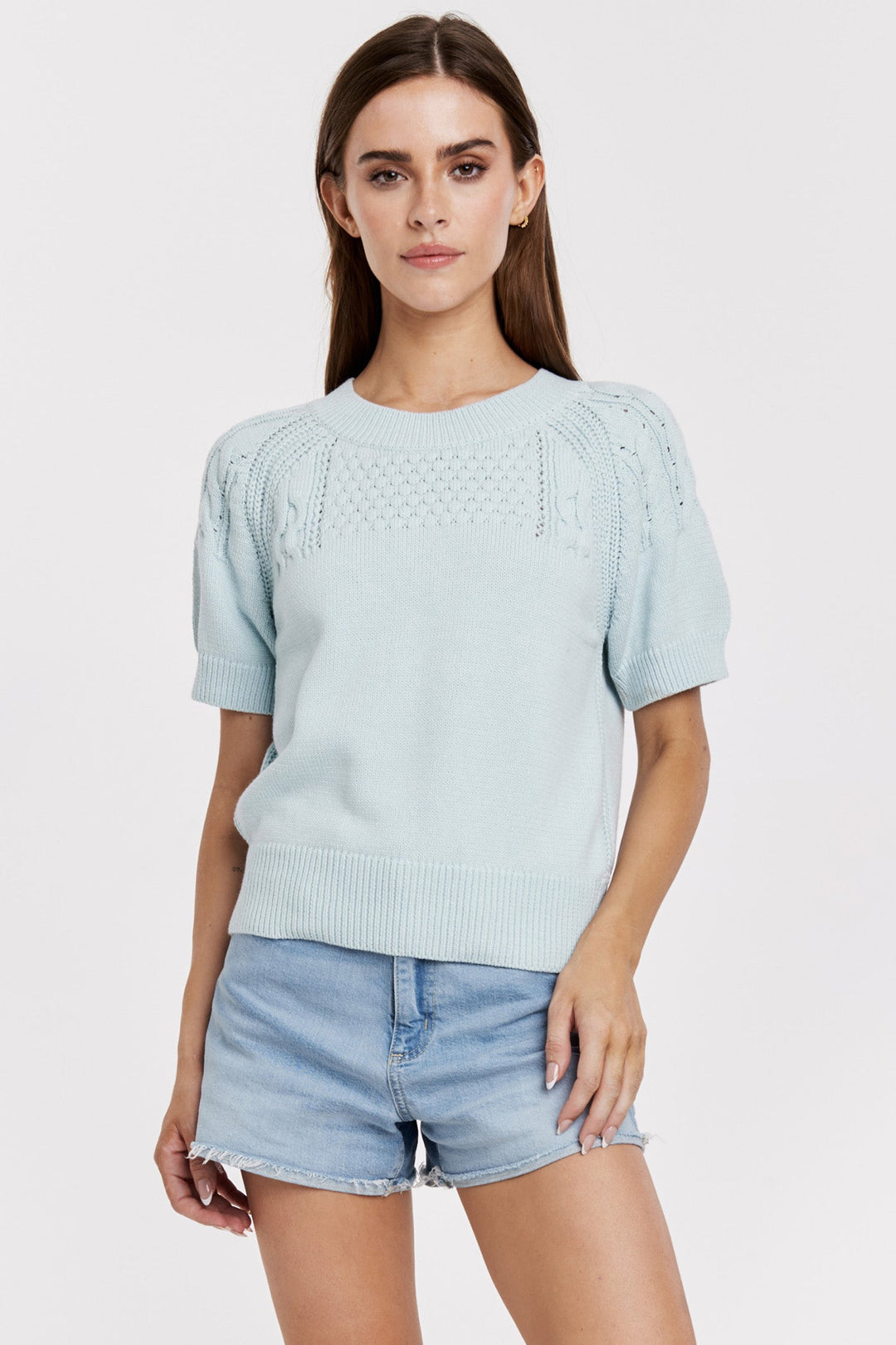 ELSIE SHORT SLEEVE CROCHET DETAILS TOP AQUAMARINE