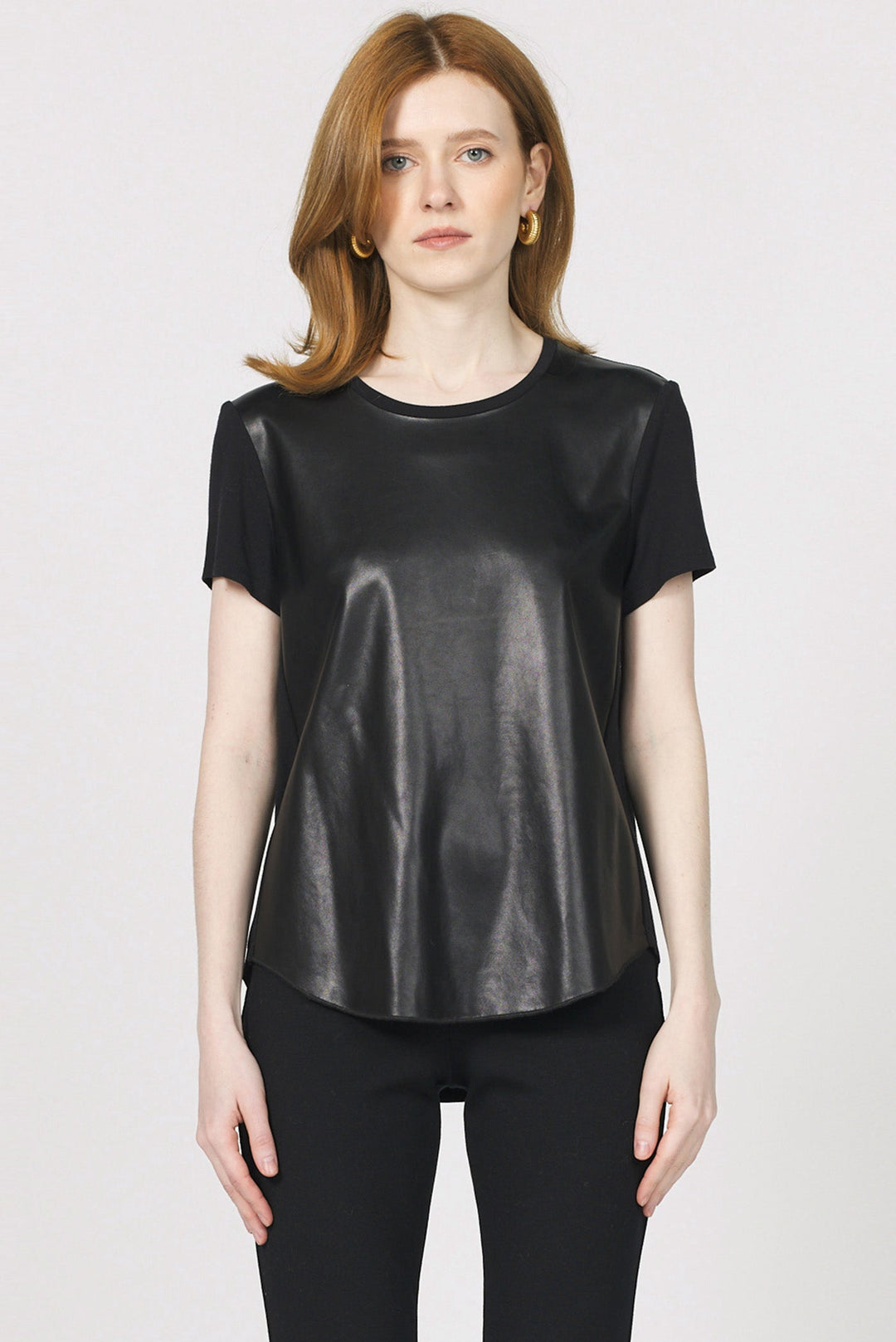 ELAINA PLEATHER FRONT TOP WITH SHORT SLEEVES BLACK