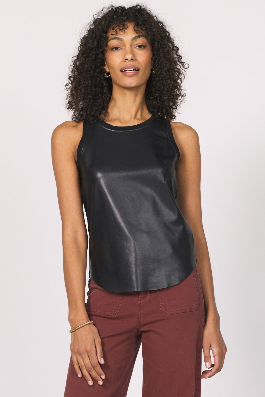 CARMELA PLEATHER TANK W/ CURVED HEM & CONTRAST BACK BLACK