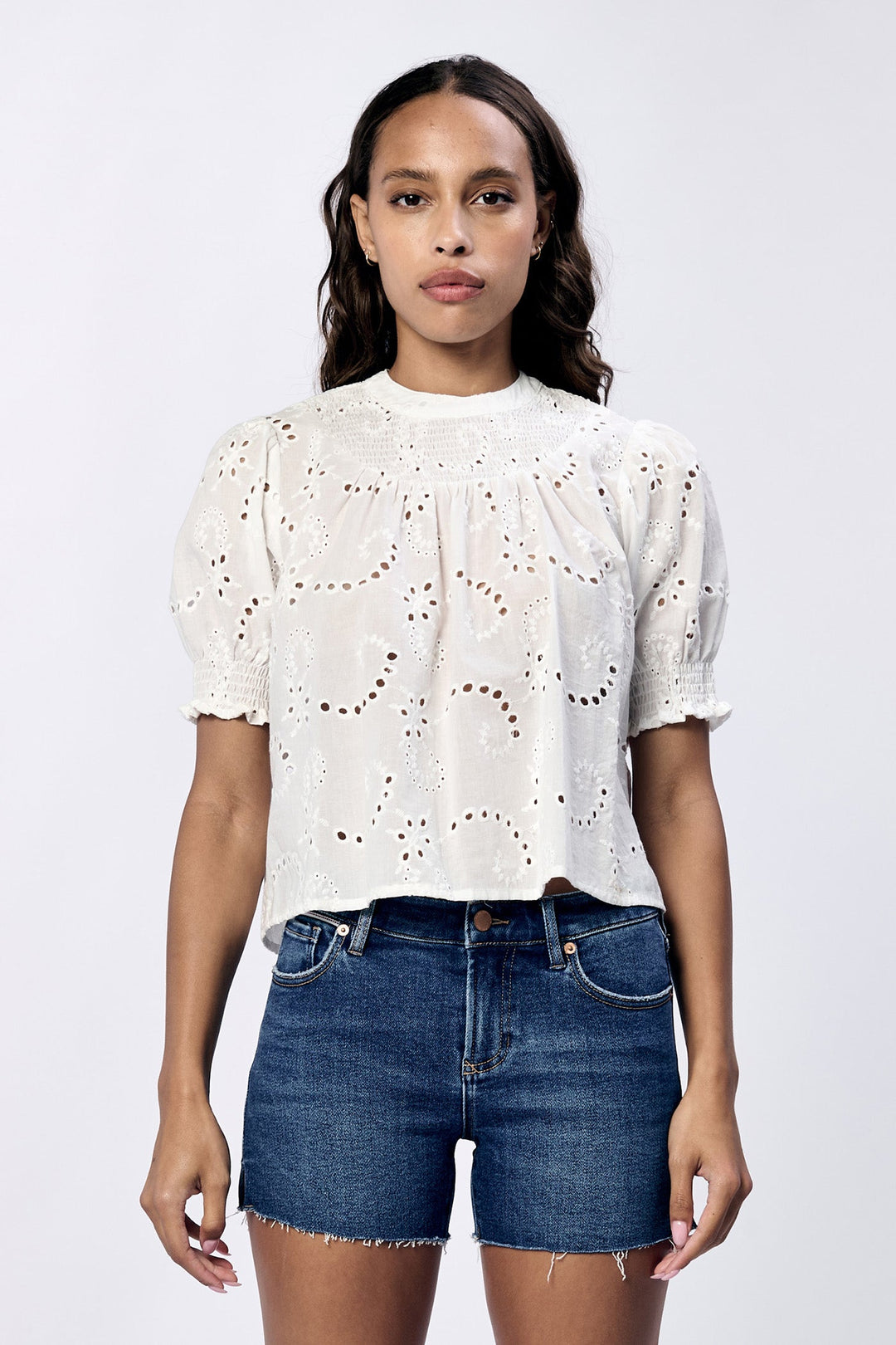 NERISSA SMOCKING DETAIL EYELET TOP WHITE