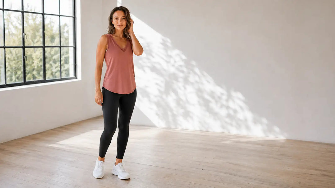 AL Active woman in a rose tank and black leggings in a sunlit studio