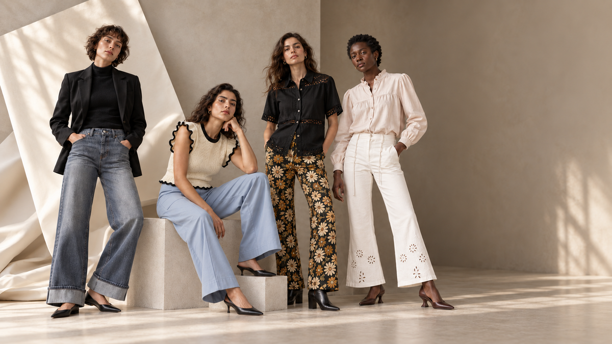 Four models wearing a cross-label YSTW edit.